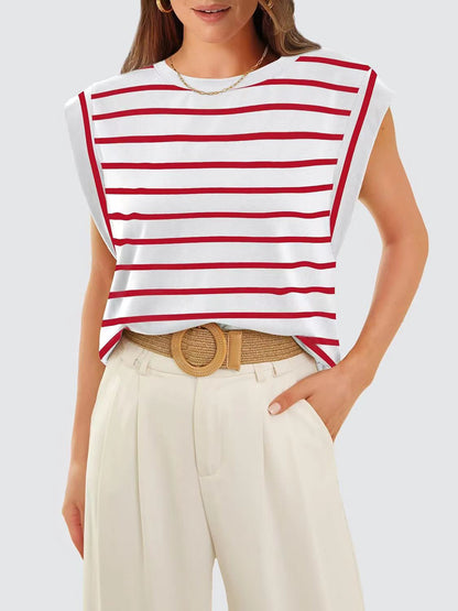 Striped Round Neck Cap Sleeve T-Shirt-Jewearrings