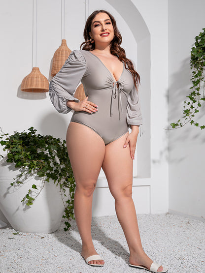 Plus Size Tied Deep V Balloon Sleeve One-Piece Swimsuit-Jewearrings