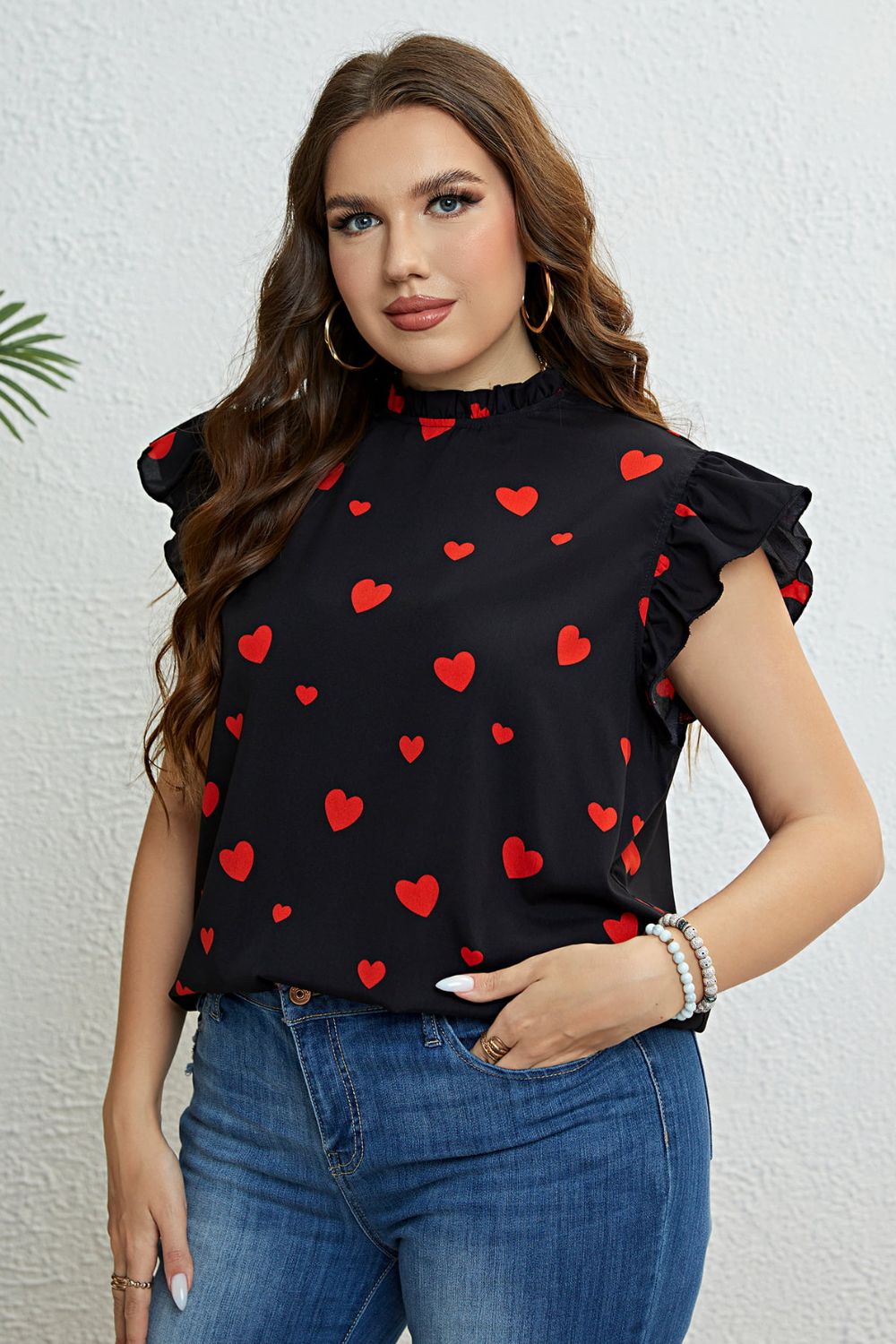 Plus Size Heart Print Butterfly Sleeve Mock Neck Top-Jewearrings