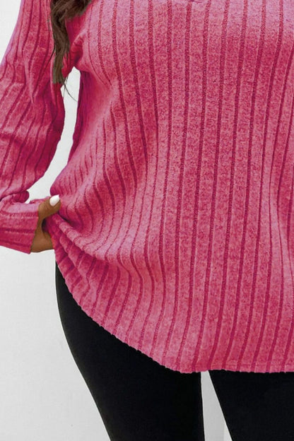 Plus Size Ribbed Johnny Collar Long Sleeve T-Shirt-Jewearrings