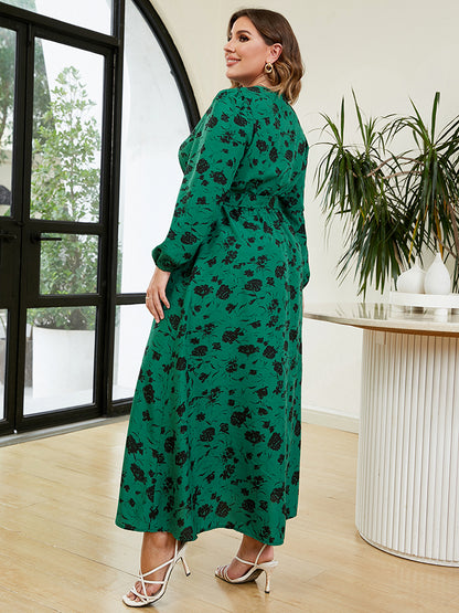 Plus Size Printed Long Sleeve Tie Neck Dress-Jewearrings