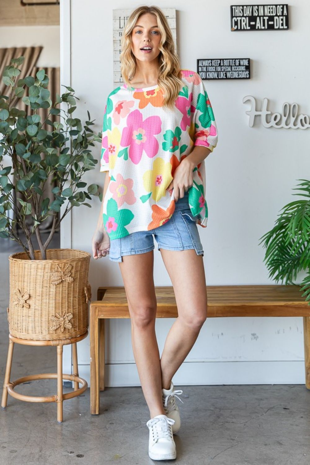 HOPELY Floral Waffle Oversize T-Shirt-Jewearrings