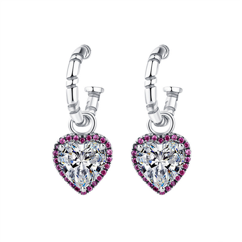 Sterling Silver Peach Heart Set Zircon Personalized Versatile Earrings-Jewearrings