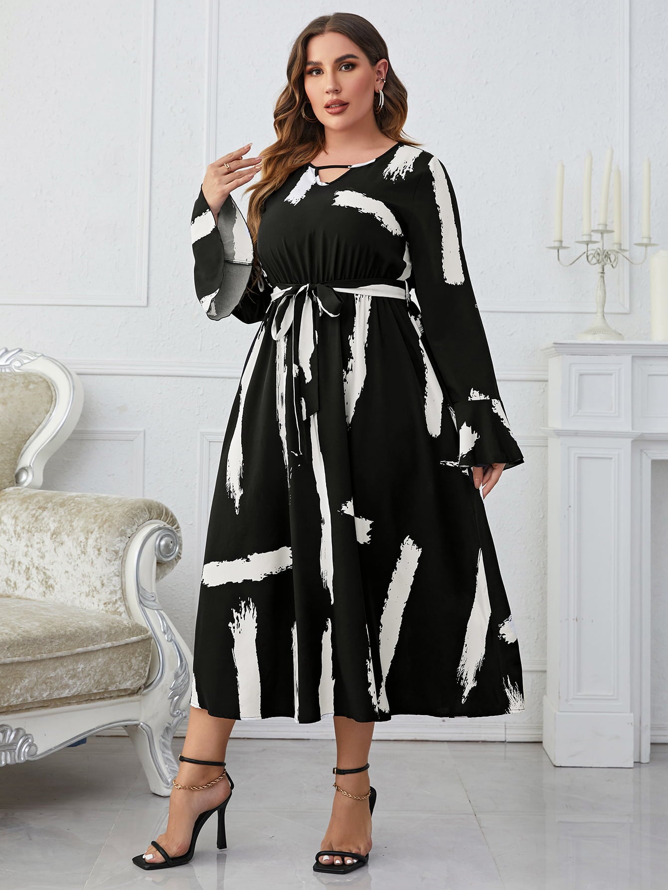 Melo Apparel Plus Size Printed Tie Belt Flare Sleeve Round Neck Midi Dress-Jewearrings