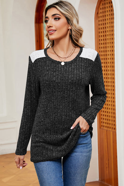 Eyelet Ribbed Round Neck Long Sleeve T-Shirt-Jewearrings