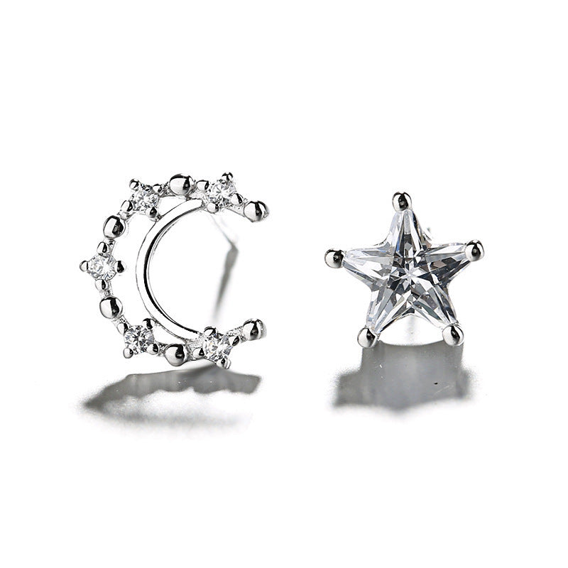 Women's Fashion Sterling Silver Star Moon Asymmetric Stud Earrings-Jewearrings