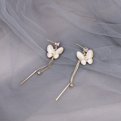 Opal Butterfly Fringe Earrings Exquisite Long Style-Jewearrings