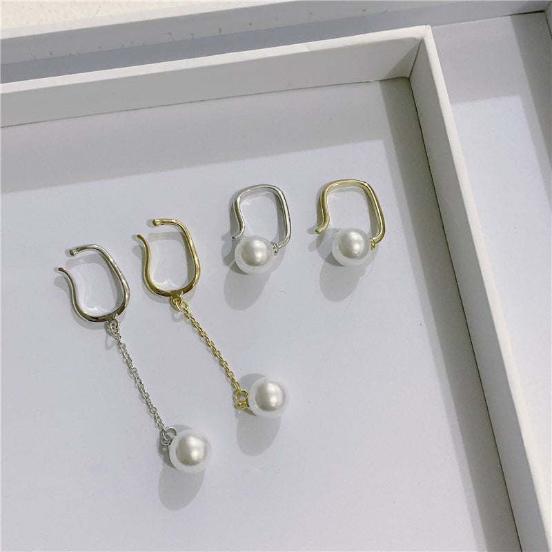 Non-pierced Female Pearl Tassel Asymmetric Stud Earrings-Jewearrings