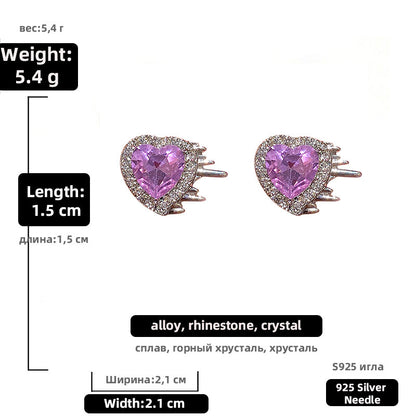 925 Silver Needle Personality Purple Crystal Rhinestone Love Stud Earrings-Jewearrings