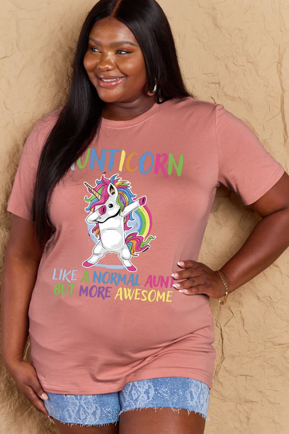 Simply Love Full Size AUNTICORN LIKE A NORMAL AUNT BUT MORE AWESOME Graphic Cotton Tee-Jewearrings