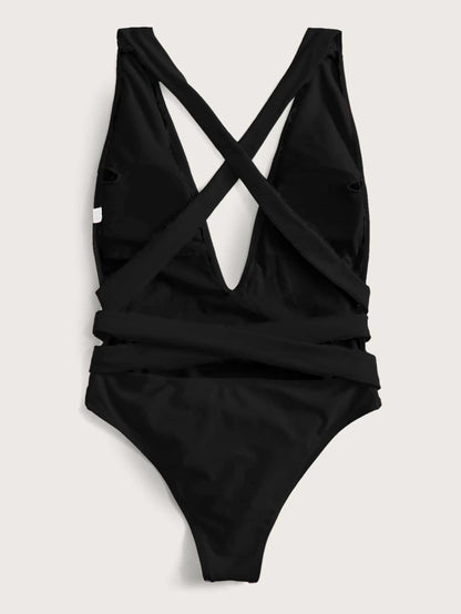 Halter Neck Deep V Tied One-Piece Swimsuit-Jewearrings