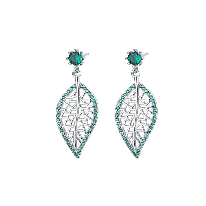 S925 Sterling Silver Jewelry Leaf Stud Earrings With Green Diamonds-Jewearrings