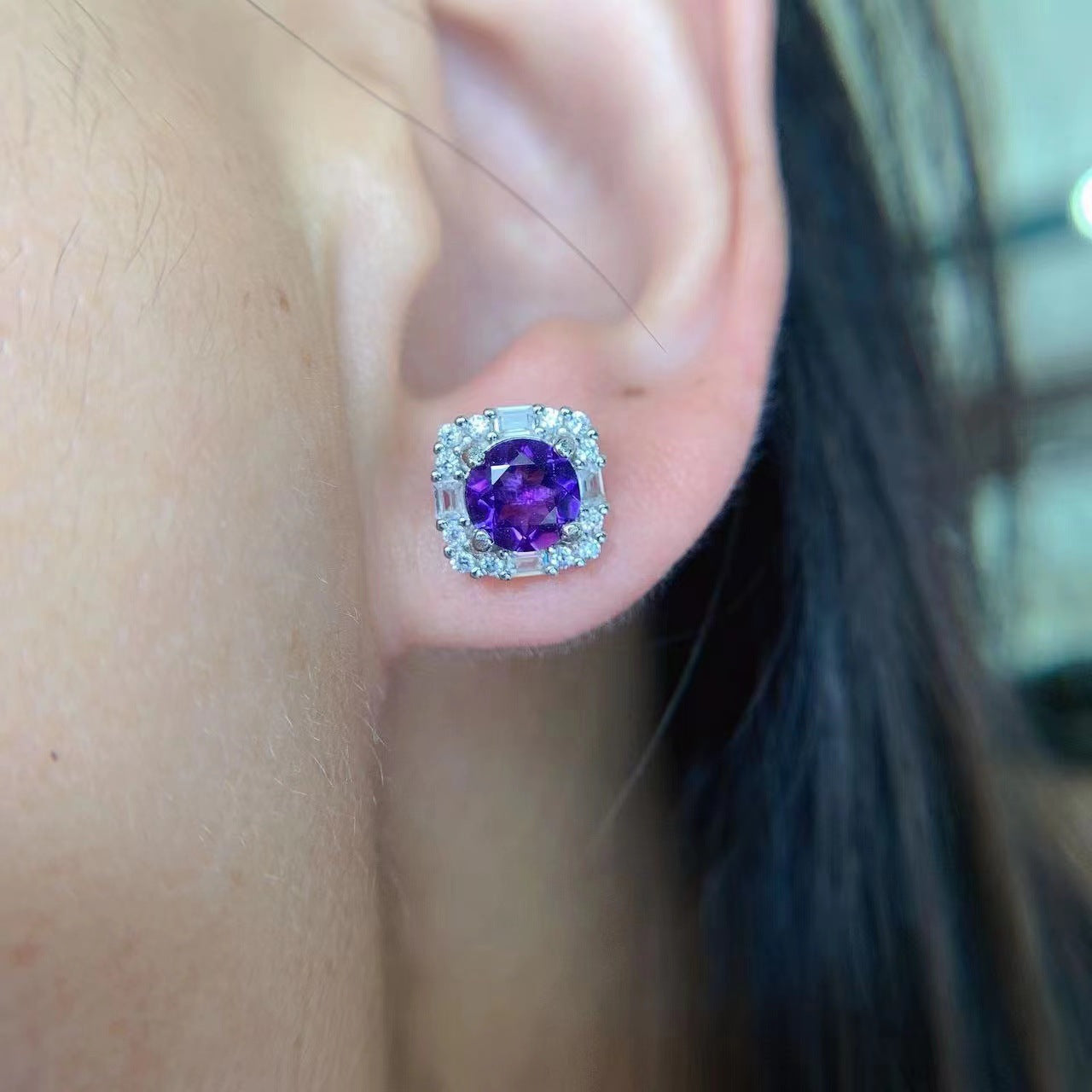 Simple 925 Silver Inlaid Amethyst Stud Earrings-Jewearrings