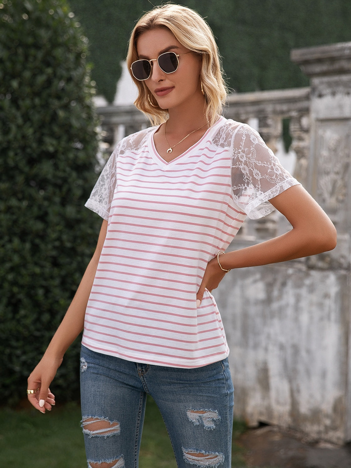 Lace Detail Striped V-Neck T-Shirt-Jewearrings