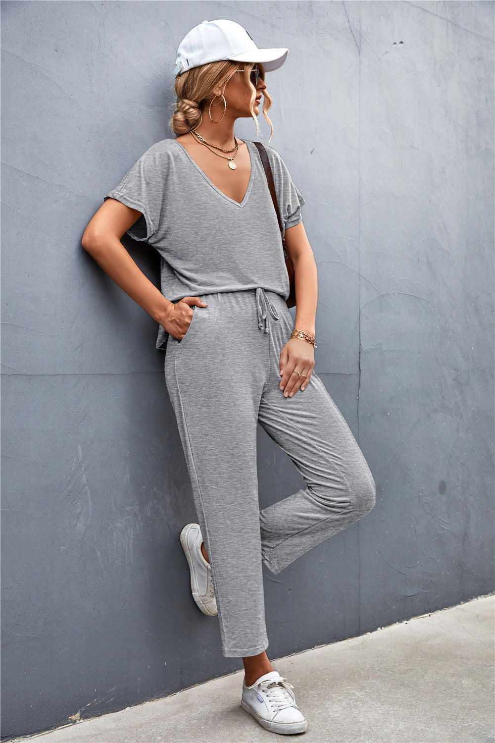 V-Neck Short Sleeve T-Shirt and Drawstring Waist Pants Set-Jewearrings