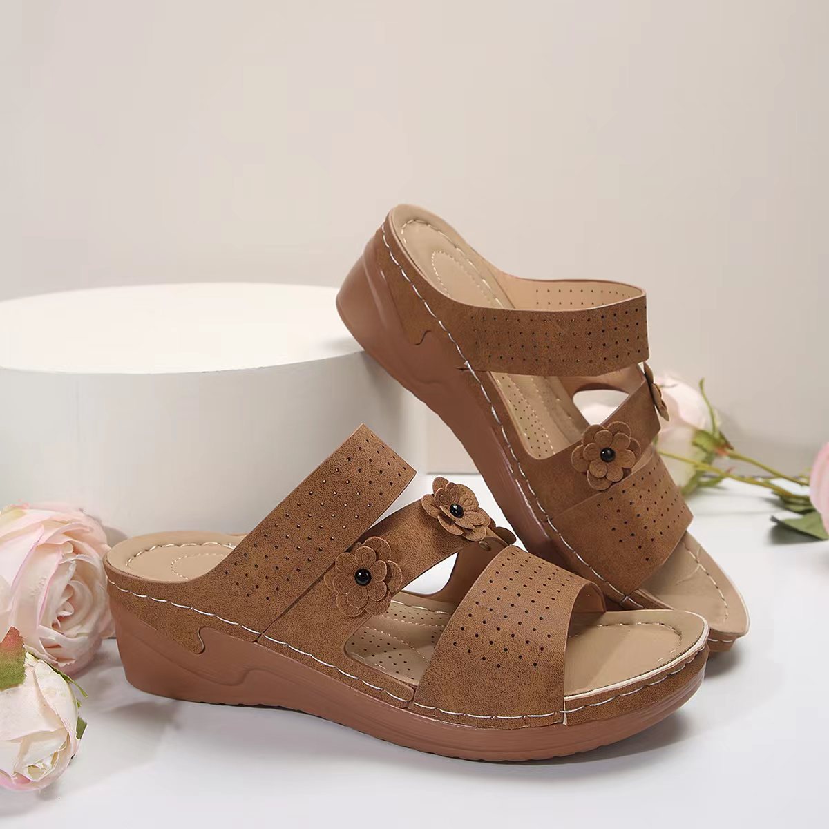 Flower PU Leather Wedge Sandals-Jewearrings