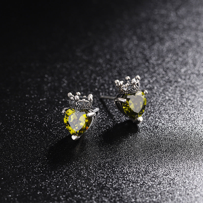 S925 Sterling Silver Minority Retro Simple Olive Green Zircon Crown Earrings-Jewearrings