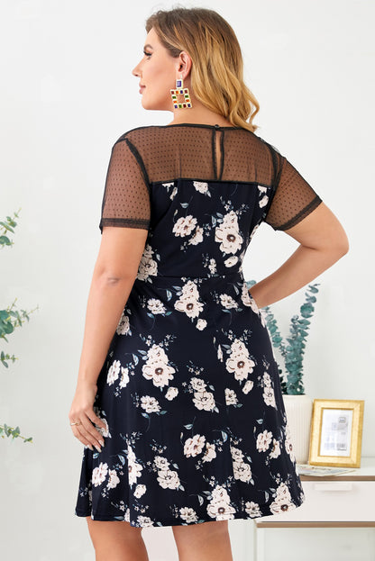 Plus Size Floral Polka Dot Mesh Yoke Dress-Jewearrings