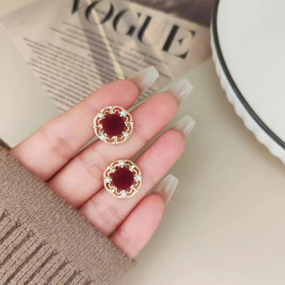 Sterling Silver Needle French Style Retro Exquisite Velvet Wine Red Stud Earrings Female Niche High Sense-Jewearrings