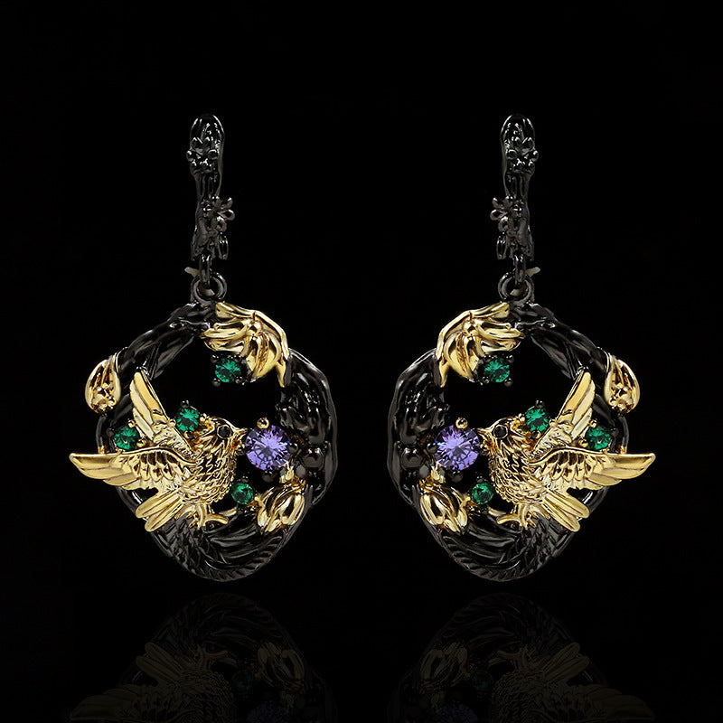 Magpie Black Gold Stud Earrings With Colored Stones And Diamonds-Jewearrings