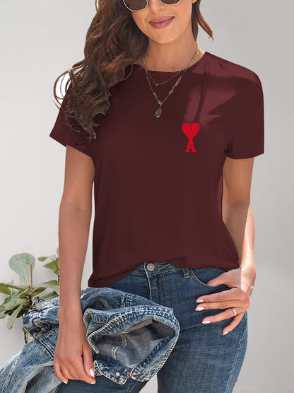 Heart Round Neck Short Sleeve T-Shirt-Jewearrings