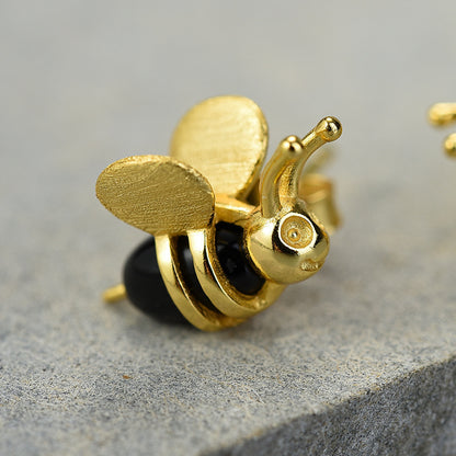 Unique Insect Delicate Bee Sterling Silver Stud Earrings-Jewearrings