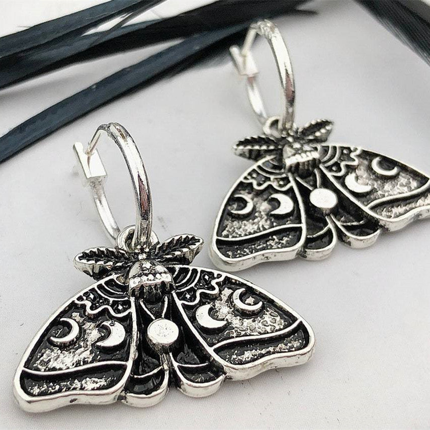 Women's Silver Sun Moon Moth Drop Earrings-Jewearrings