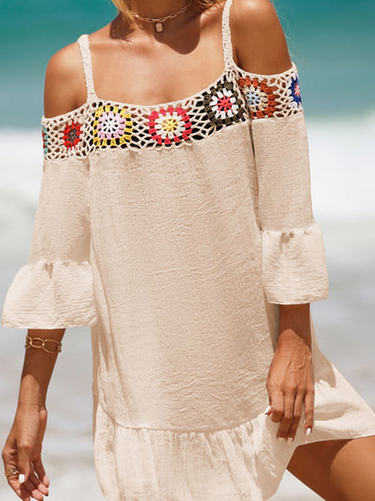 Crochet Cold Shoulder Three-Quarter Sleeve Cover Up-Jewearrings