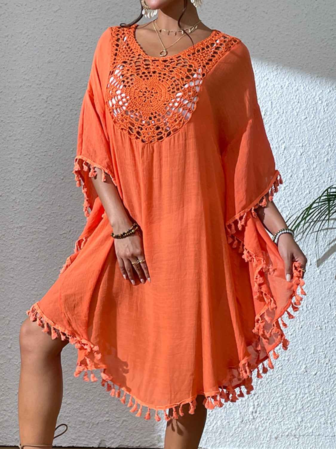 Tassel Cutout Scoop Neck Cover-Up Dress-Jewearrings