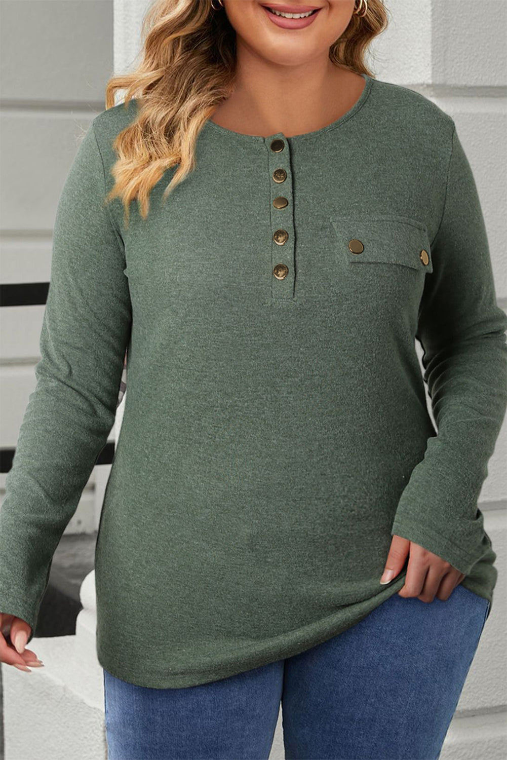 Plus Size Half Snap Long Sleeve T-Shirt-Jewearrings