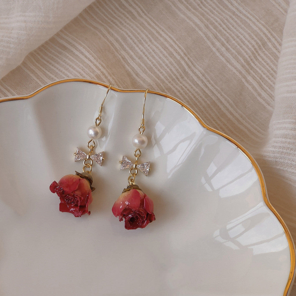 Silver Needle Vintage Hong Kong Air-dried Rose Earrings-Jewearrings