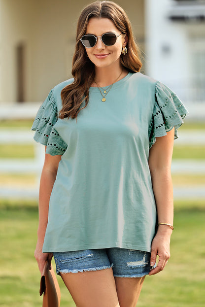 Plus Size Butterfly Sleeve Round Neck Top-Jewearrings