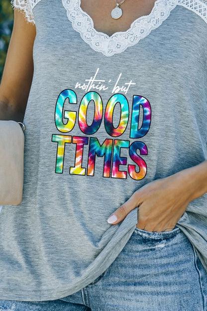 Lace Trim V-Neck NOTHIN BUT GOOD TIMES Graphic Tee-Jewearrings