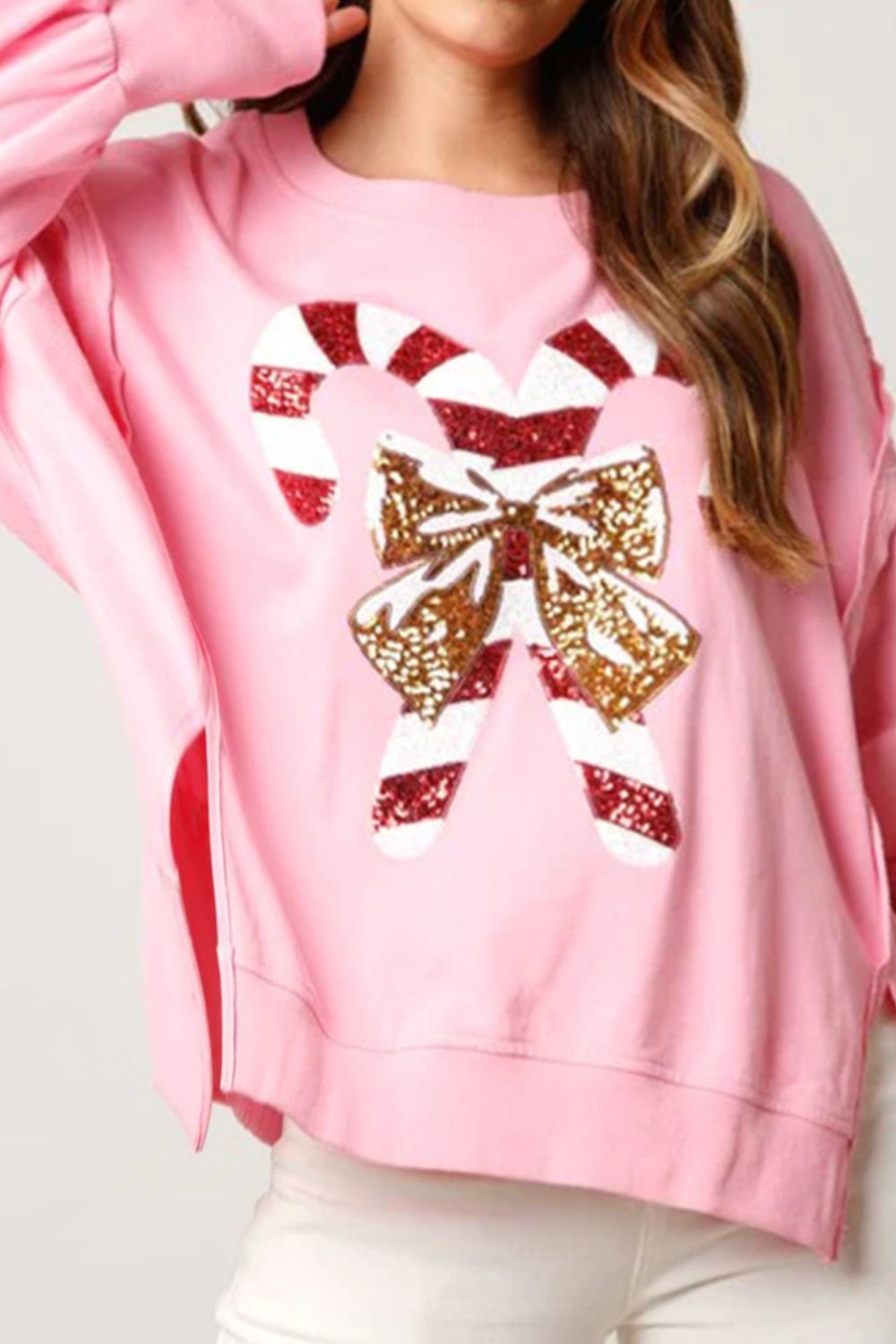 Candy Cane Slit Dropped Shoulder Sweatshirt-Jewearrings