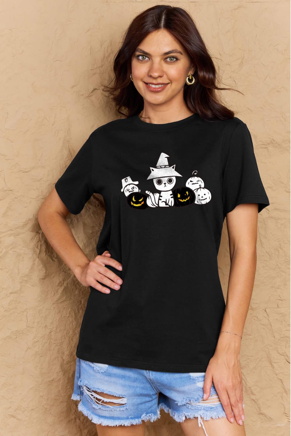 Simply Love Full Size Cat & Pumpkin Graphic Cotton T-Shirt-Jewearrings