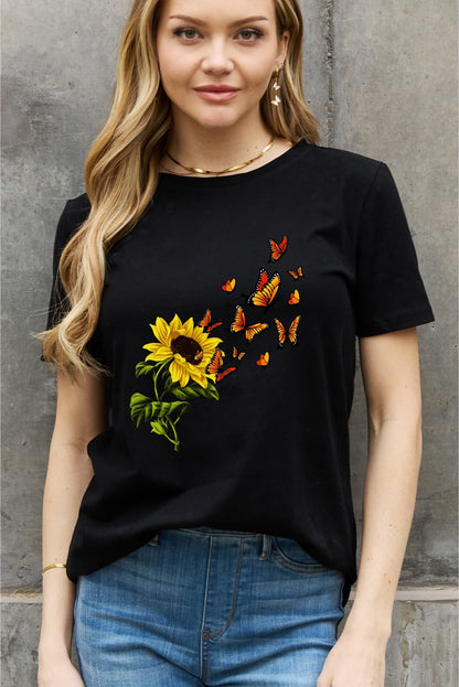 Simply Love Full Size Sunflower Butterfly Graphic Cotton Tee-Jewearrings