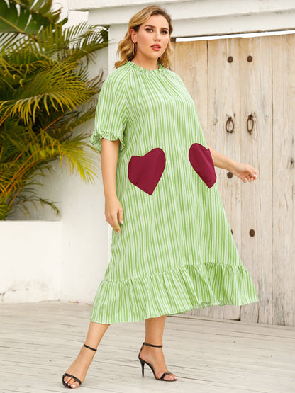 Plus Size Frill Heart Striped Half Sleeve Dress-Jewearrings