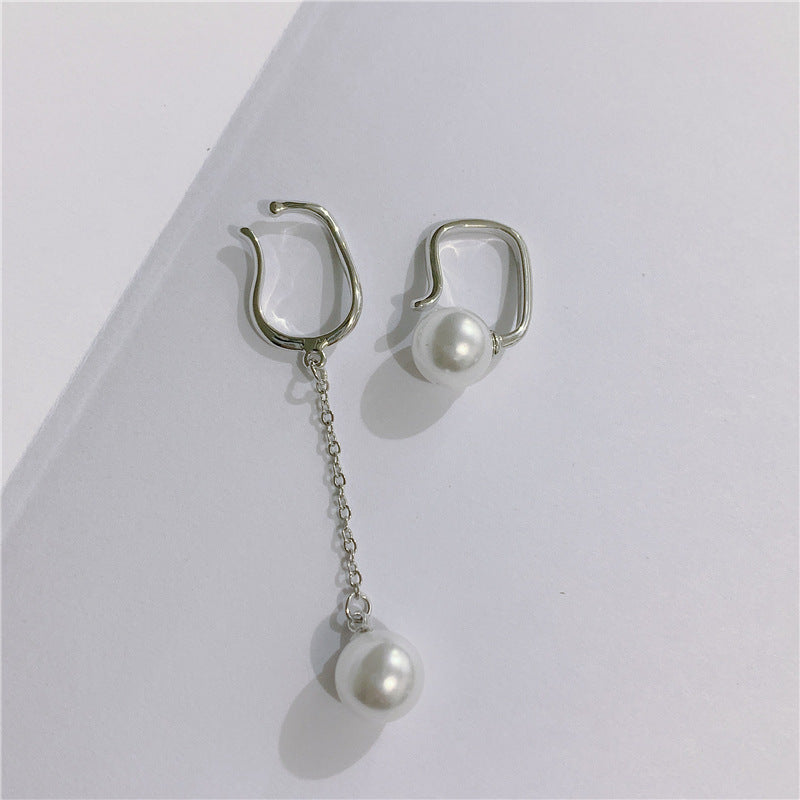 Non-pierced Female Pearl Tassel Asymmetric Stud Earrings-Jewearrings