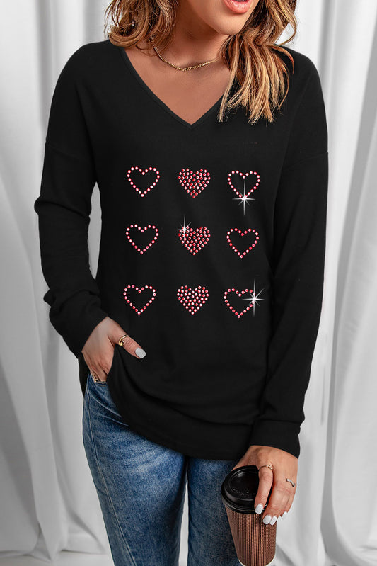 Heart V-Neck Long Sleeve Tee-Jewearrings