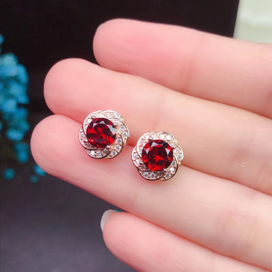 Garnet Stud Earrings 925 Silver Inlaid Colored Gems Jewelry-Jewearrings