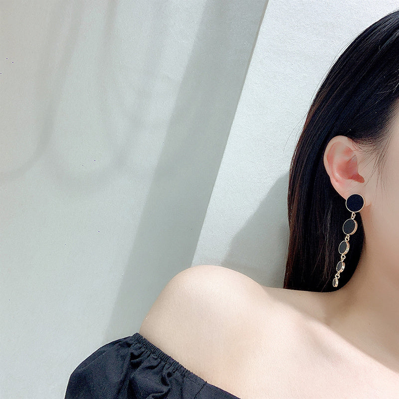 Silver Needle All-match Black Circle Tassel Earrings-Jewearrings