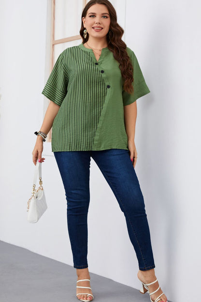 Plus Size Striped Notched Neck Half Sleeve Top-Jewearrings