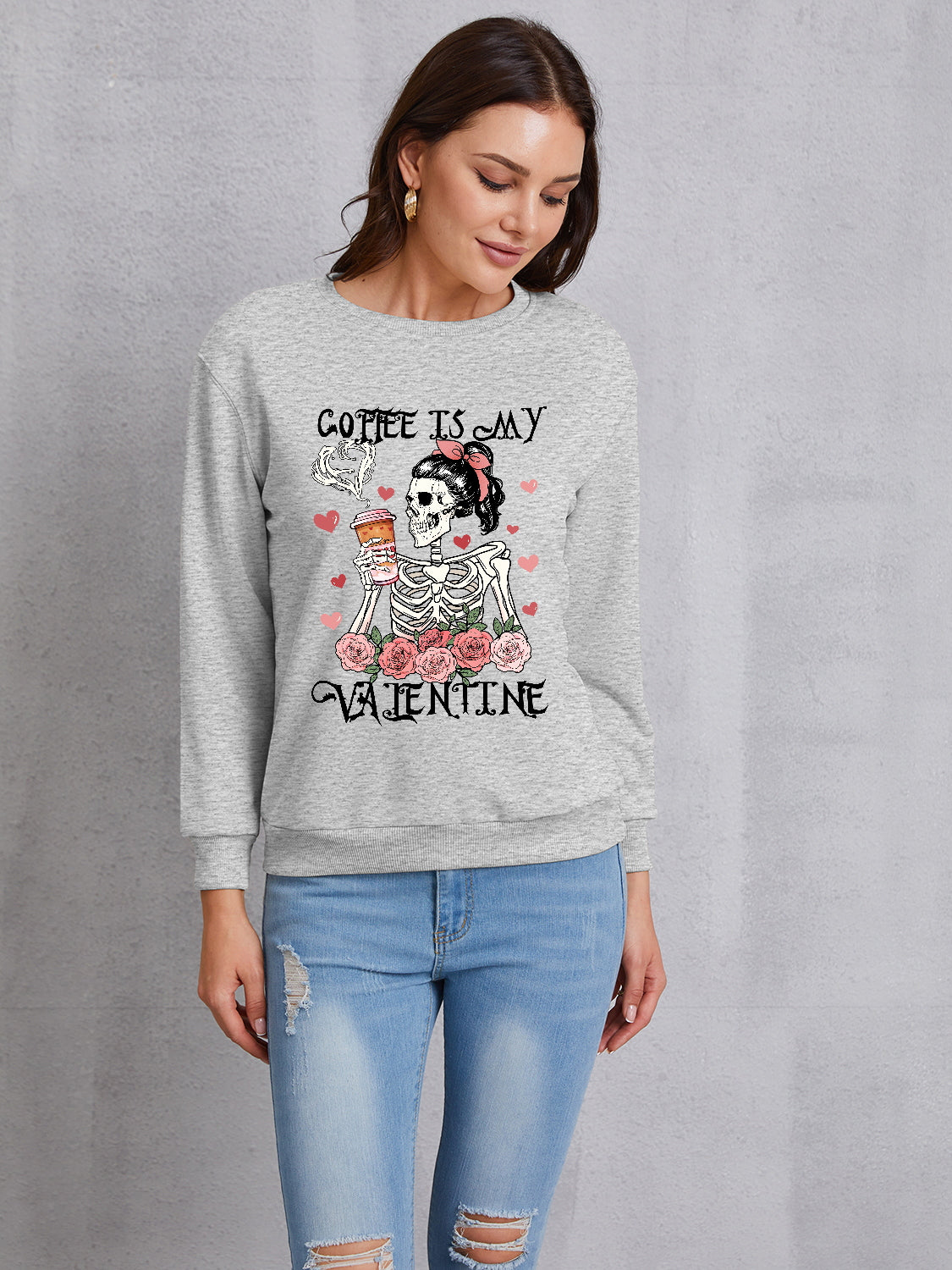 COFFEE IS MY VALENTINE Round Neck Sweatshirt-Jewearrings