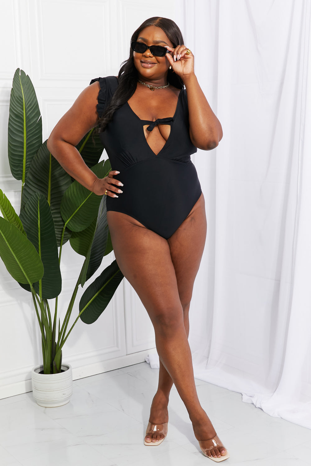 Marina West Swim Seashell Ruffle Sleeve One-Piece in Black-Jewearrings