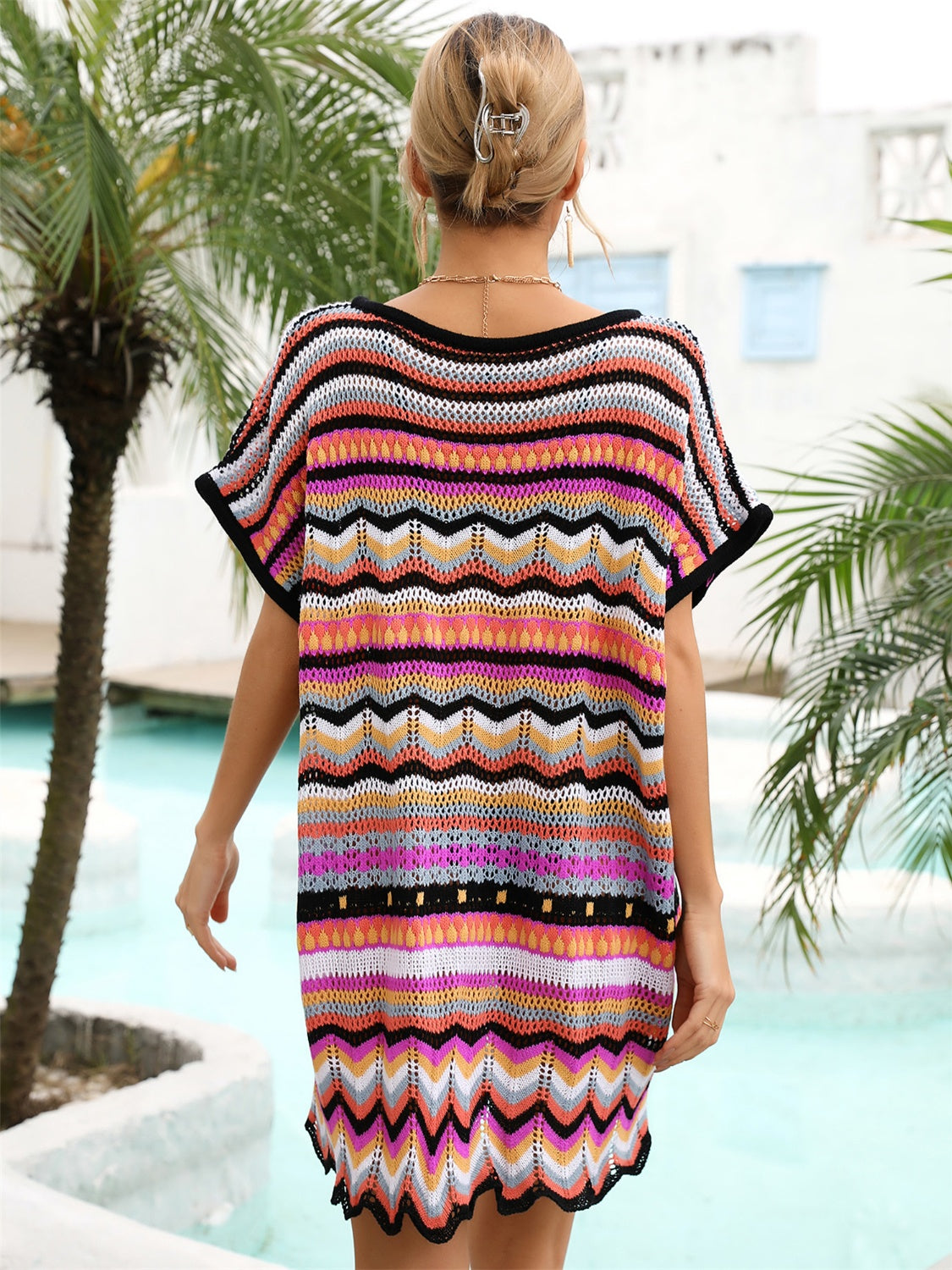 Rainbow Stripe Scalloped V-Neck Cover-Up Dress-Jewearrings