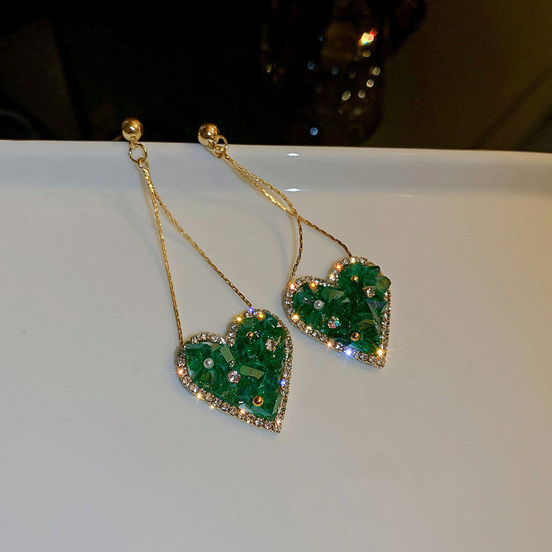 Silver Stud Rhinestone-encrusted Emerald Crystal Love Heart Earrings-Jewearrings