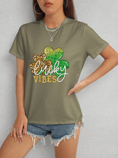 LUCKY VIBES Round Neck Short Sleeve T-Shirt-Jewearrings