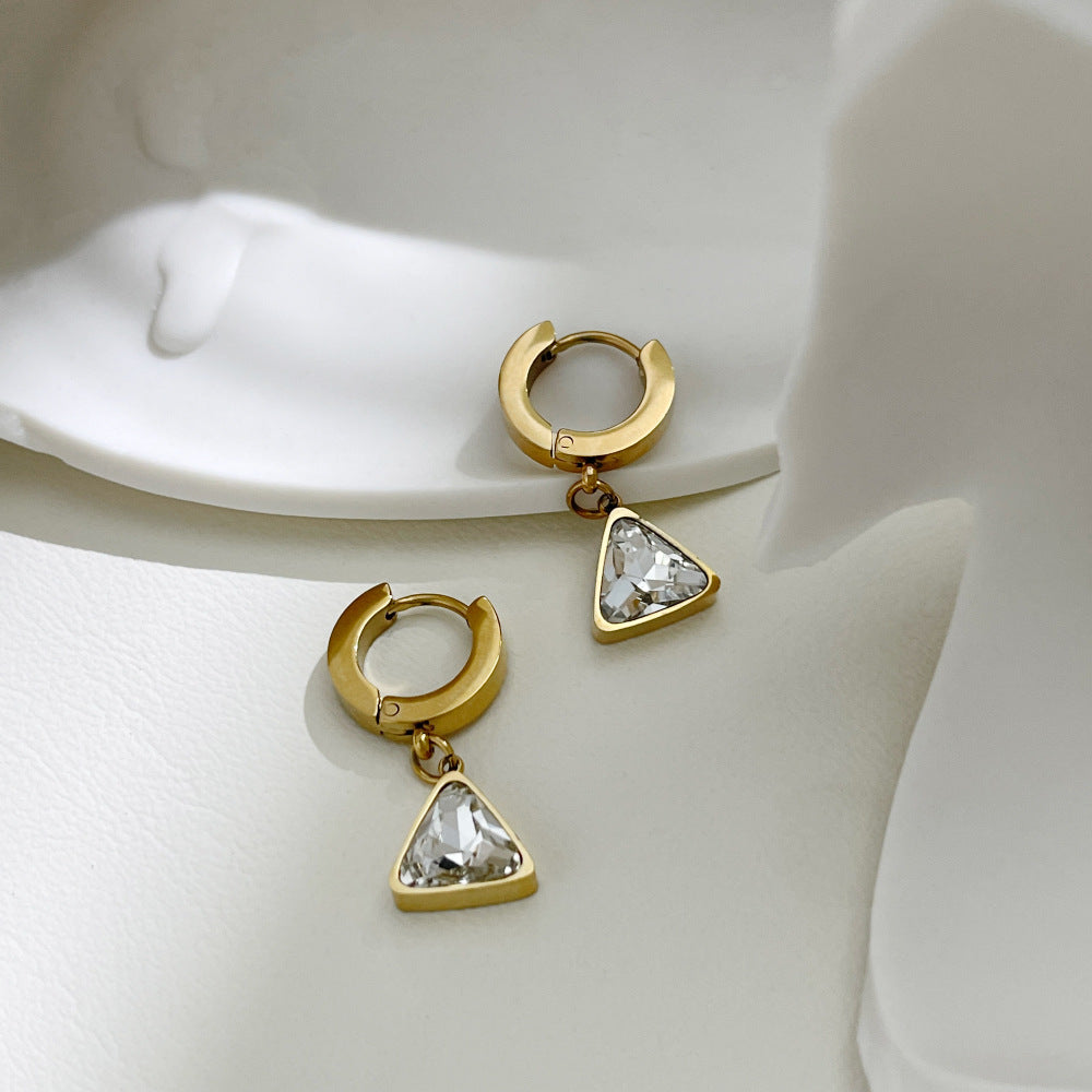 Women's Gold Triangle Zircon Drop Hoop Earrings-Jewearrings