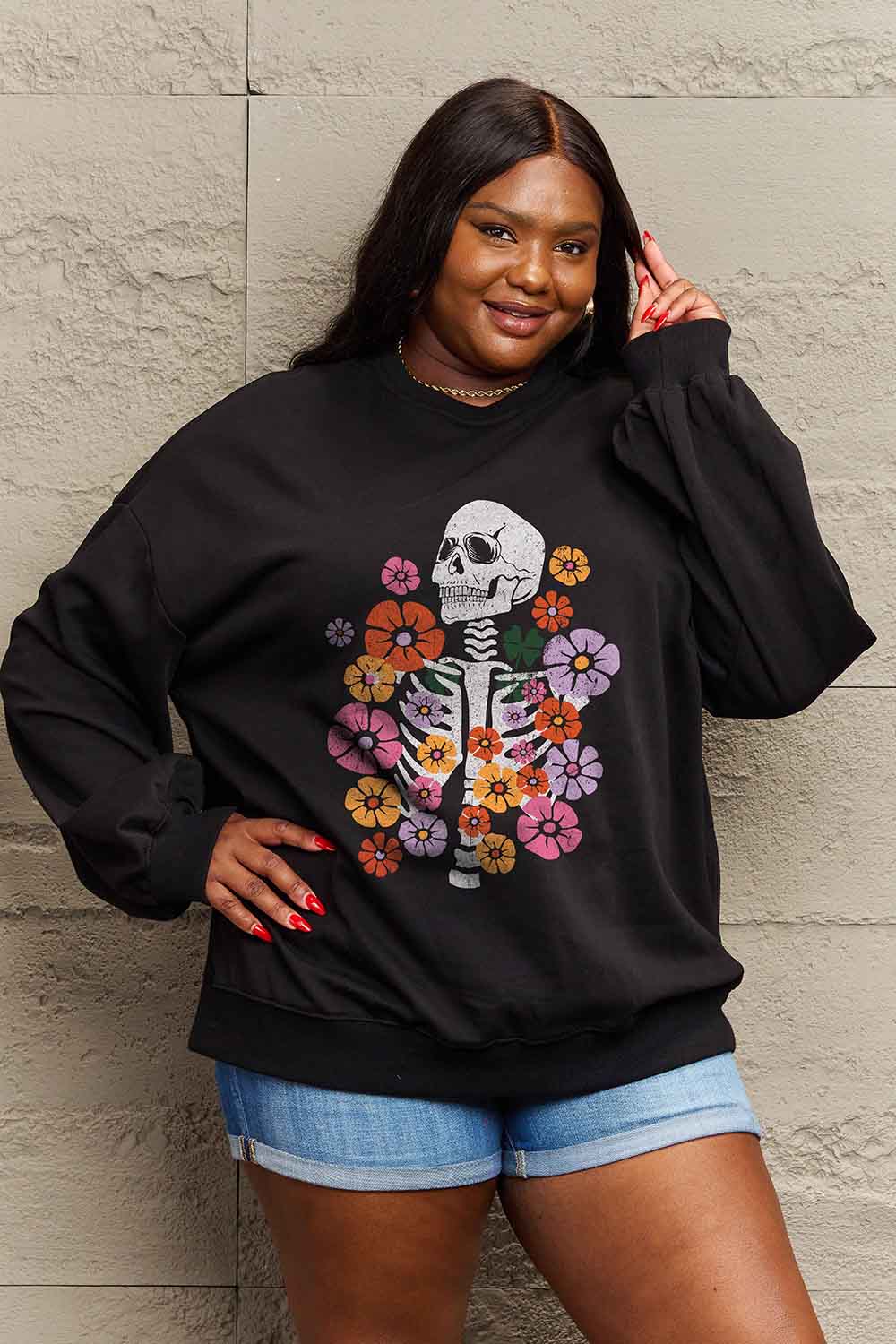 Simply Love Simply Love Full Size Flower Skeleton Graphic Sweatshirt-Jewearrings