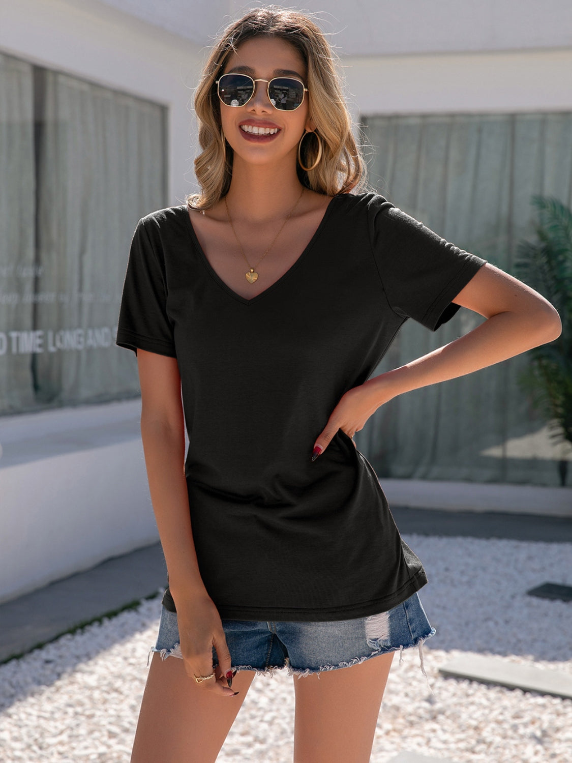 Lace Detail V-Neck Short Sleeve T-Shirt-Jewearrings